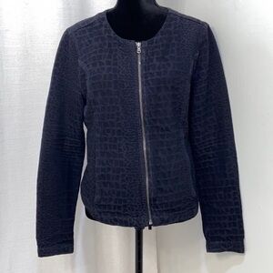 Express Crocodile Imprinted Navy Blue Moto Jean Jacket | Sz L